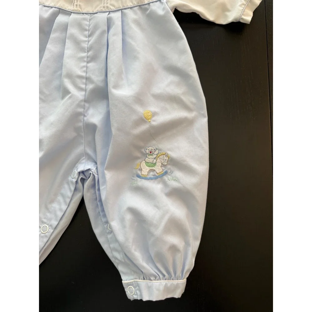 Petit‎ Ami Infant Longall Romper Newborn Blue Embroidered Rocking Horse Southern